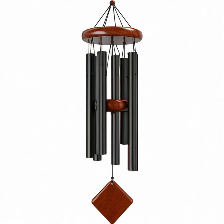Campana de viento negra y madera para exteriores de 75 cm