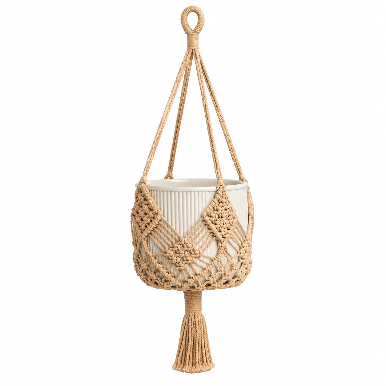 Macetero colgante de cer¨¢mica con cuerda trenzada beige